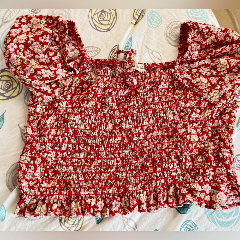 Altar’d State Red Floral Smocked Square Neck Top - Small